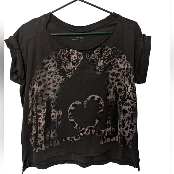 All Saints Benin Pina Indie Sleeze Cheetah Love Heart Black Cotton Tee X Small - Picture 1 of 5
